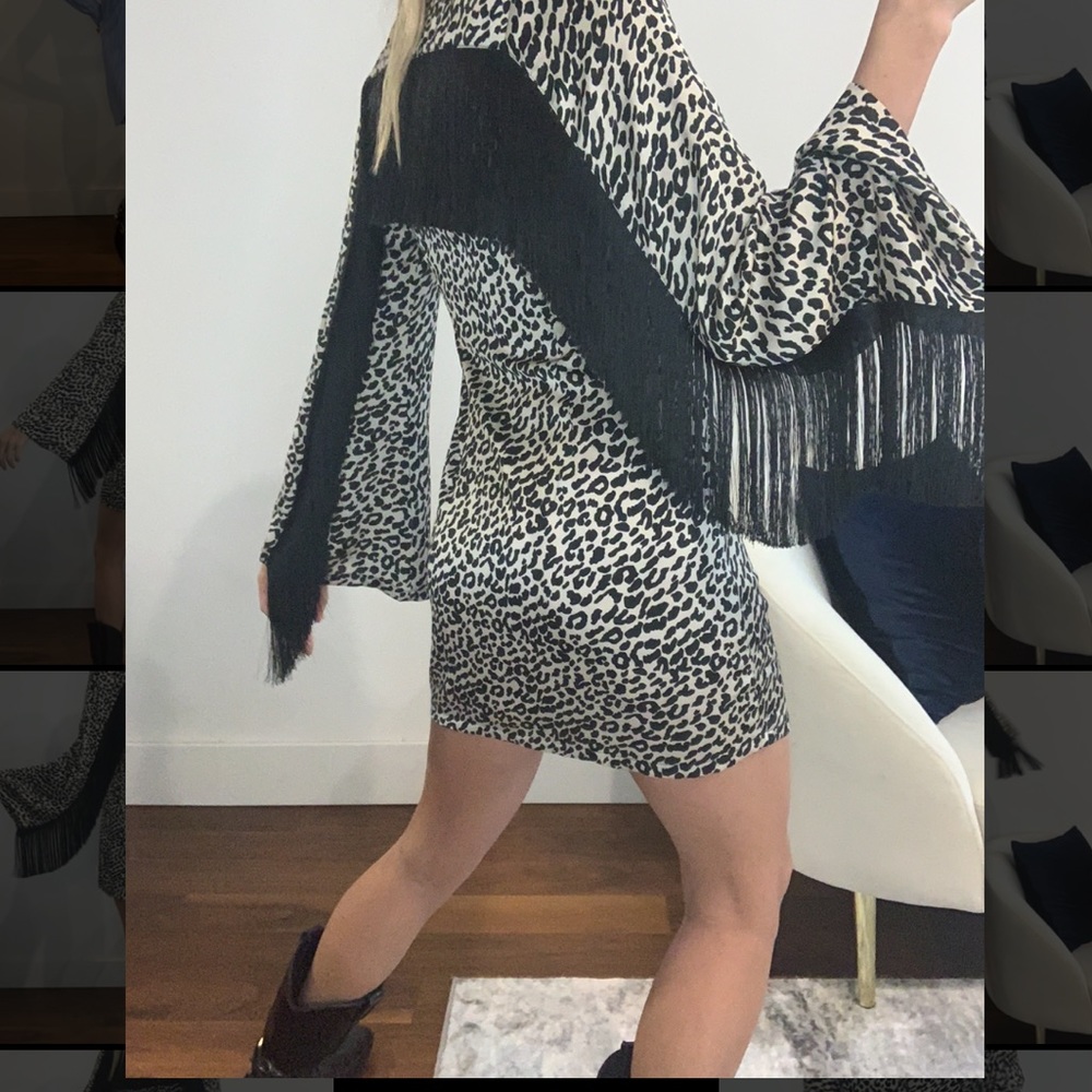 Leopard long sleeve fringe dress